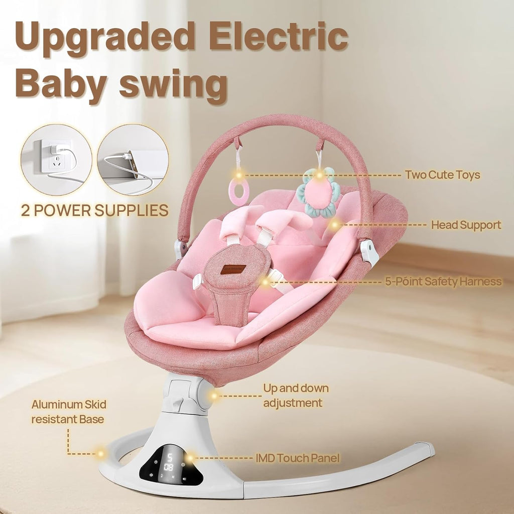 Portable Baby Swing with Remote Control Bluetooth Music Speed Timer Pink
