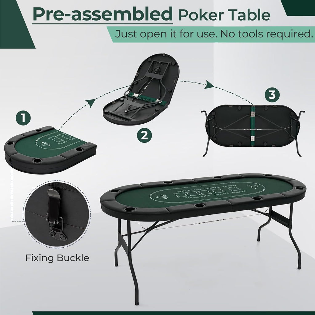 8 Player Foldable Poker Table Top 4-in-1 Casino Game Set for Texas Hold'em, Blackjack, Hi-Lo Dice & Roulette