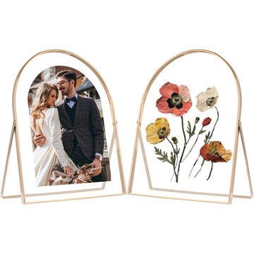 Gold 8x10'' Arched Floating Frame Set of 2, For Photo Sizes (5x7'', 6x8'', 7x9''), Beautiful Dry Flower Metal Beaded