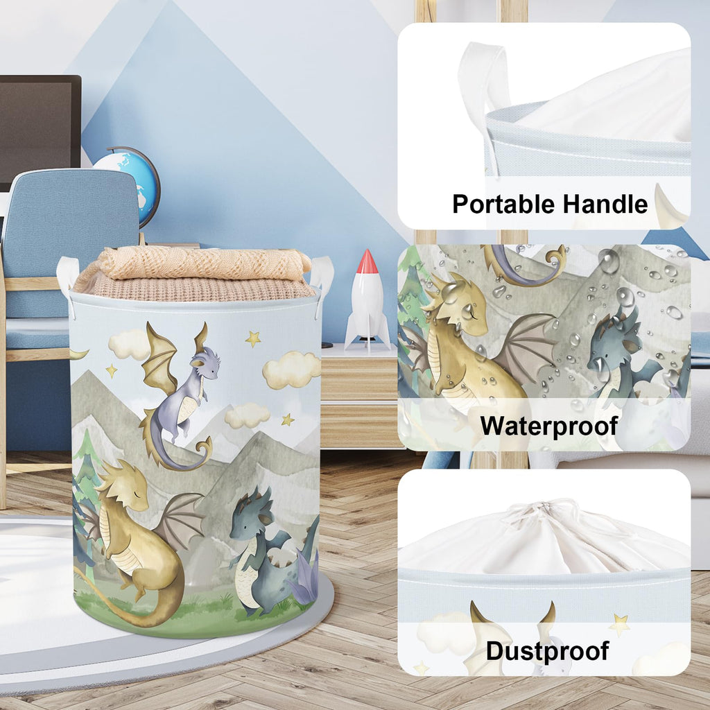 45L Kids Cute Dragon Nursery Hamper Mountain Tree Dirty Clothes Collapsible Laundry Basket Round Cloud Toys Storage