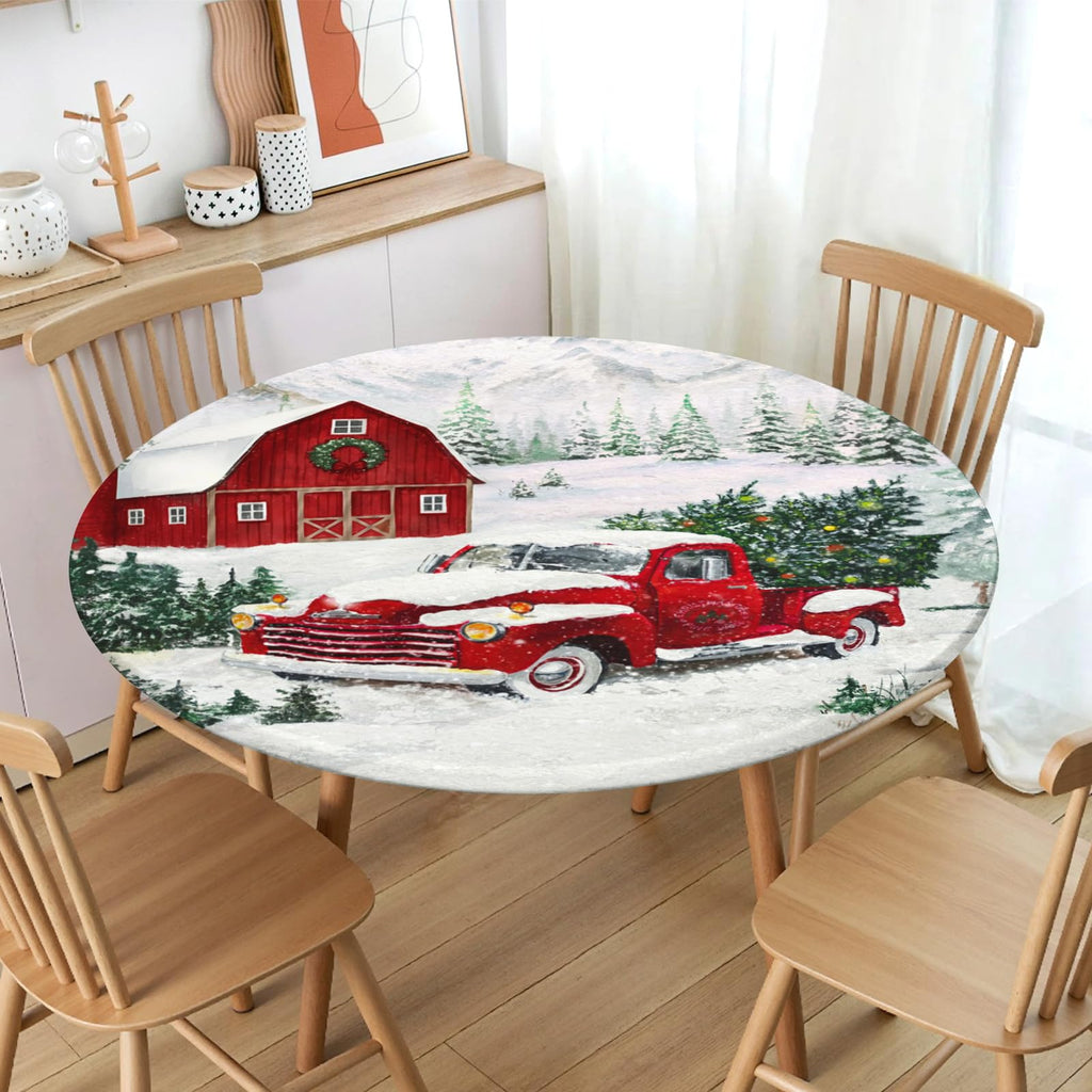 Christmas Round Fitted Tablecloth with Elastic Edge, Water-Resistant Wipeable Winter Snow Red Truck Farmhouse Xmas