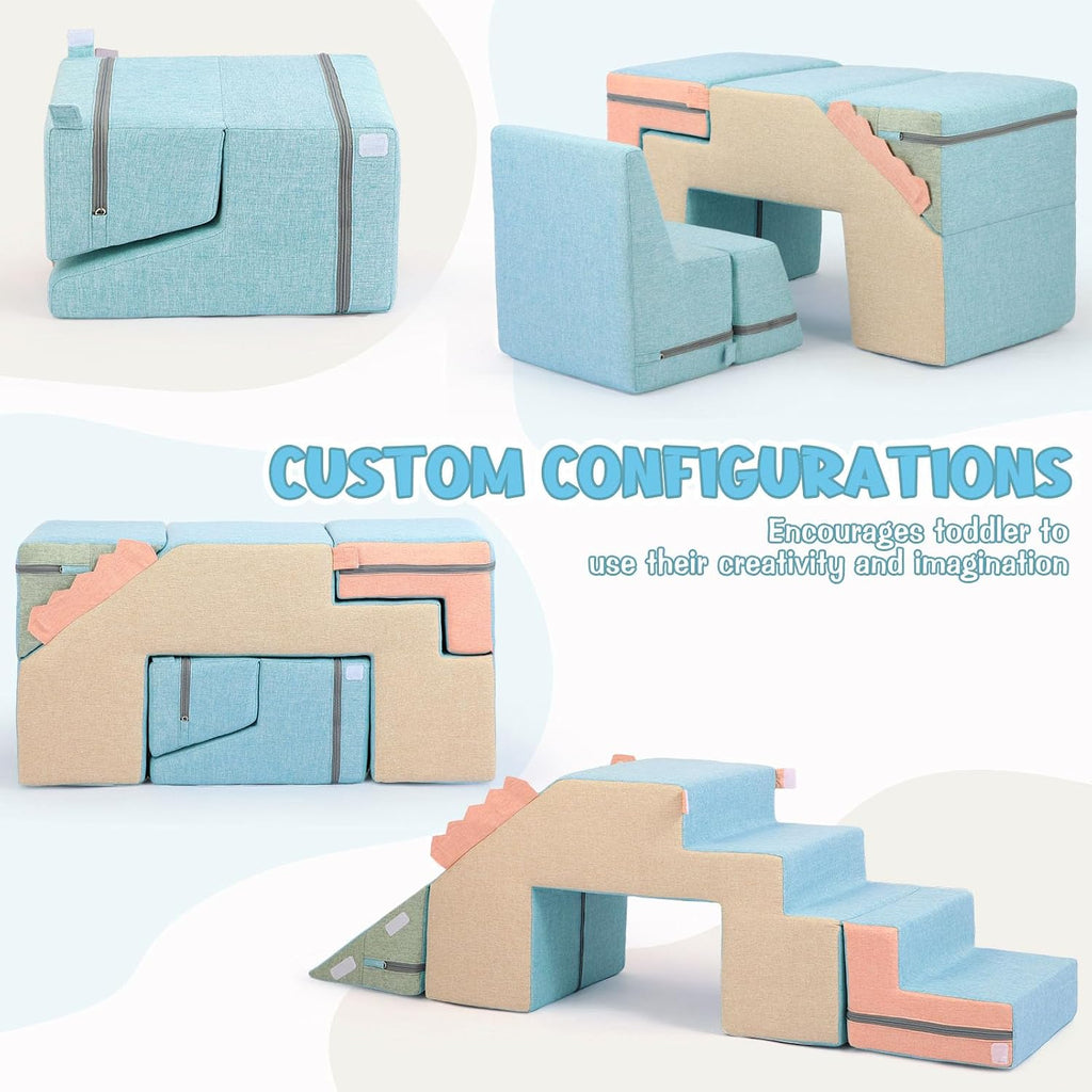 4 in 1 Foam Climbing Blocks for Toddlers (Faux-Linen Blue-Khaki)