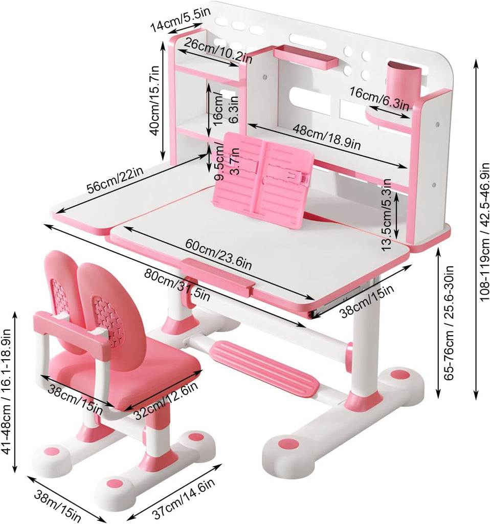 Upgraded Kids Study Desk and Chair Set, 50 Degree Tiltable&Height Adjustable Kids Desk with Storage Drawers
