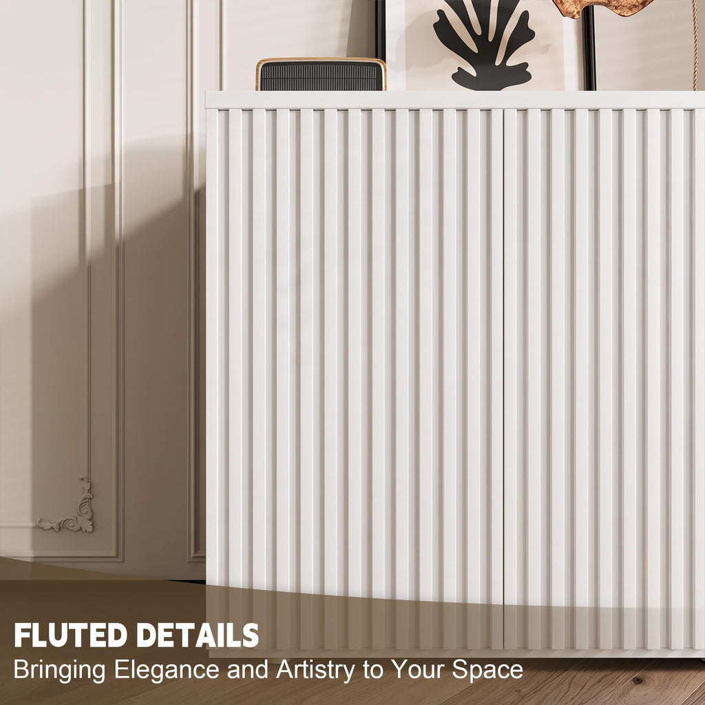 94.5" Fluted Sideboard Cabinet with Storage, Buffet Credenza, White