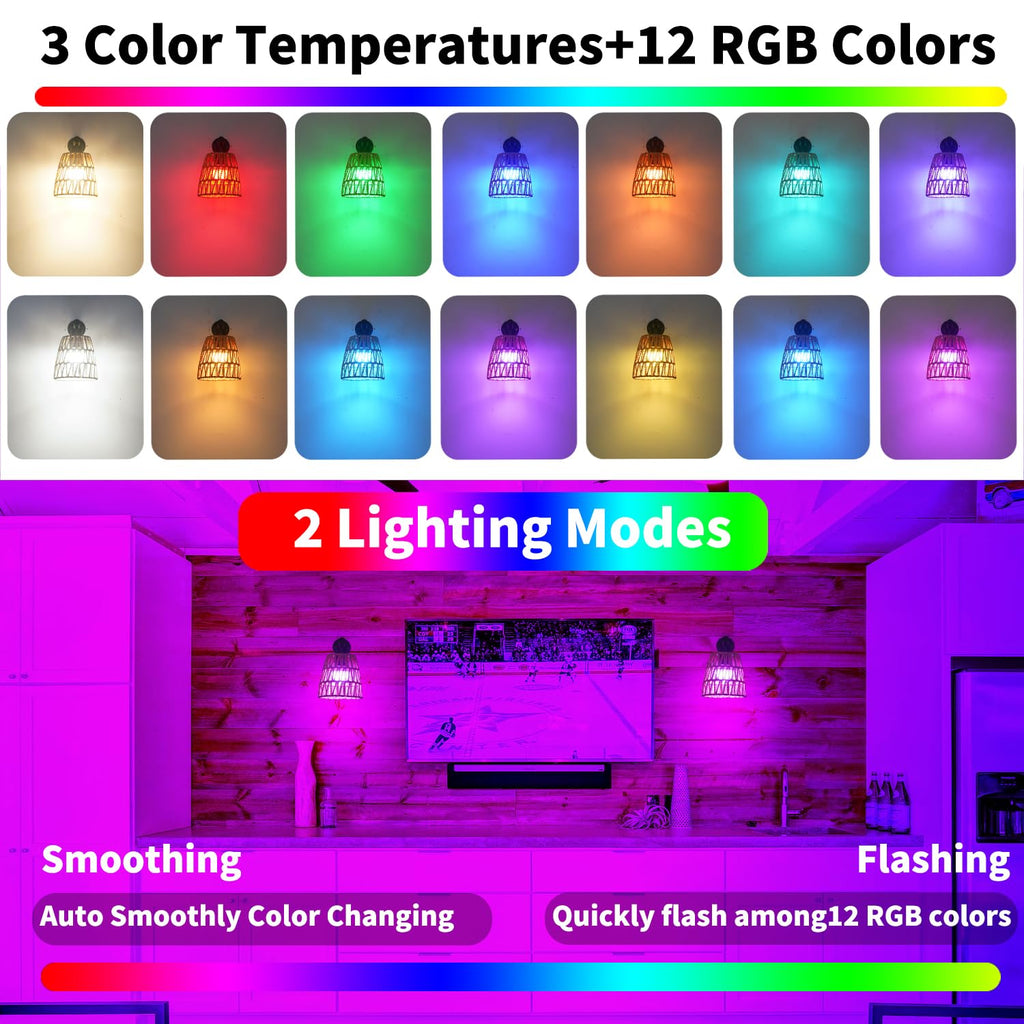 Boho Battery Operated Wall Sconces, Rattan Wall Sconce Set of 2 with Remote, RGB 15 Colors Dimmable Rechargeable Wall