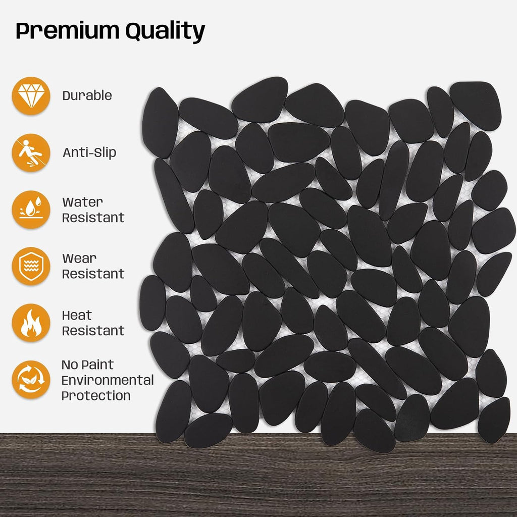 Pebble Tile for Shower Floor, Black Long Oval Pebble Mosaic Backsplash Bathroom Wall and Floor Tile and Outdoor