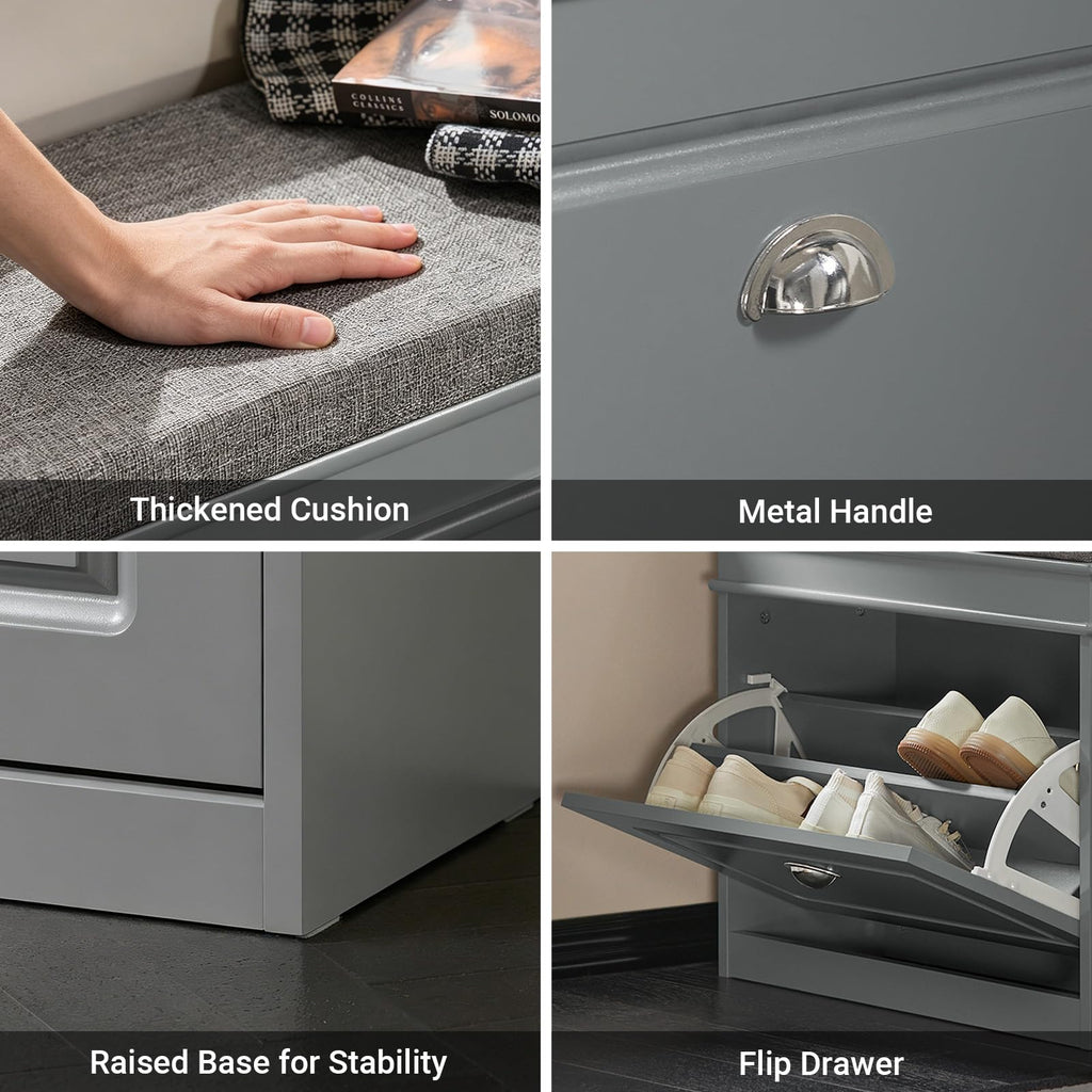 Grey Hallway Shoe Bench, Narrow Shoe Rack with Adjustable Shelf, Small Shoe Cabinet with 1 Flip-Drawer and Seat