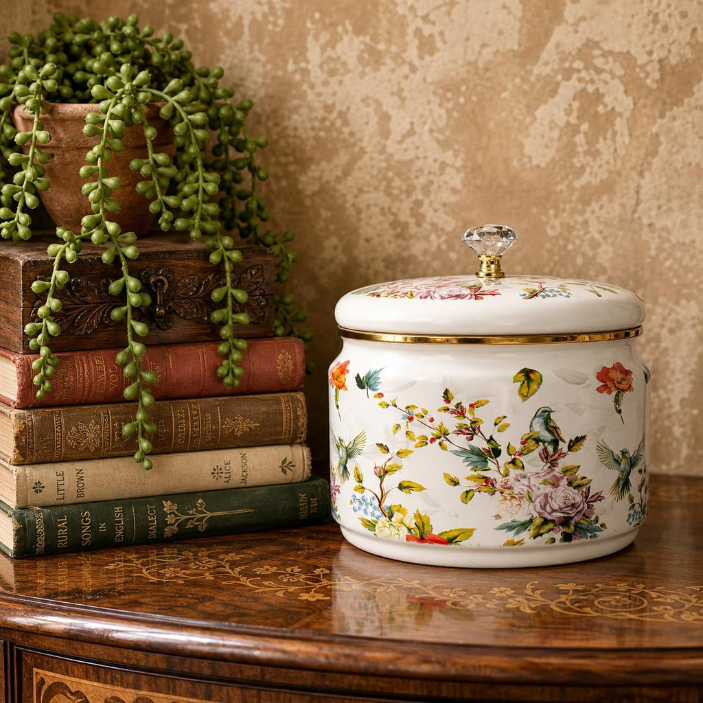 81 oz (2.4 L) Vintage Enamel Canister with Lid, Large Floral Storage Container Kitchen Cookie Jar for Sugar, Tea