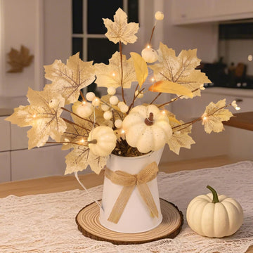 [Light & Timer] Fall Decor Table Centerpiece Potted White Maple Arrangement in Metal Pitcher Neutral Rustic