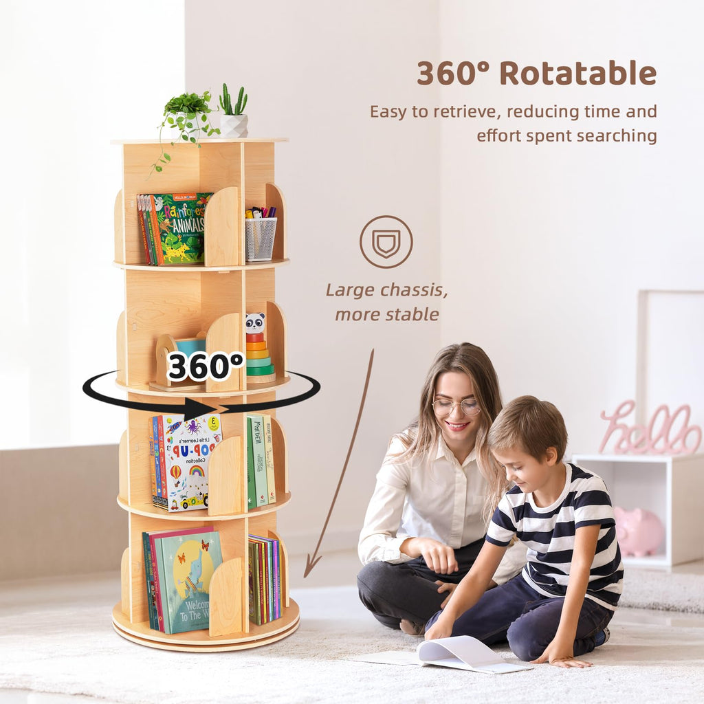 4-Tier Rotating Bookshelf Tower, 360°Display Wooden Spinning Bookcase