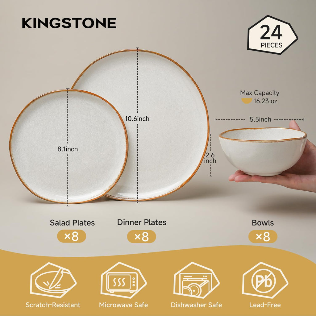 Stoneware Dinnerware Sets for 8, Reactive Glaze Plates and Bowls, White