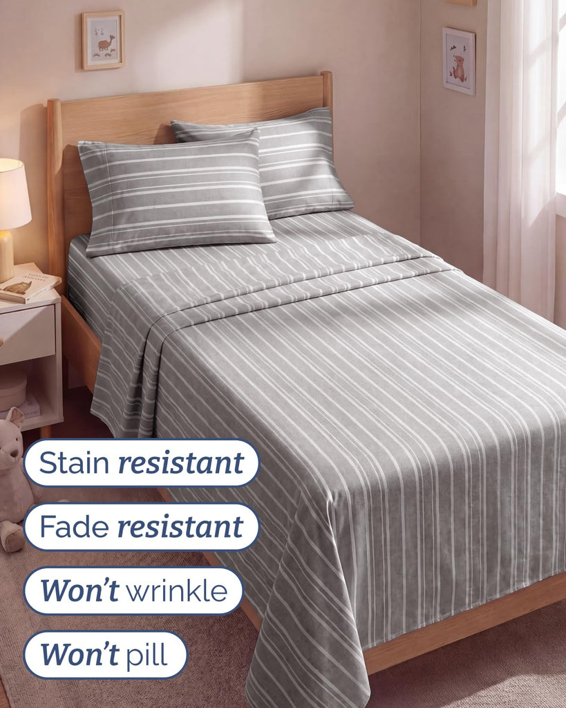 CGK Twin 4pc Bed Sheet Set - Breathable & Cooling - Grey Stripes