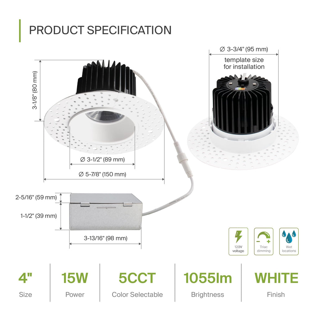 4 Inch Trimless LED Recessed Ceiling Light Fixture, Mud-in Canless Downlight with Junction Box, 5CCT 2700K-5000K, 15W