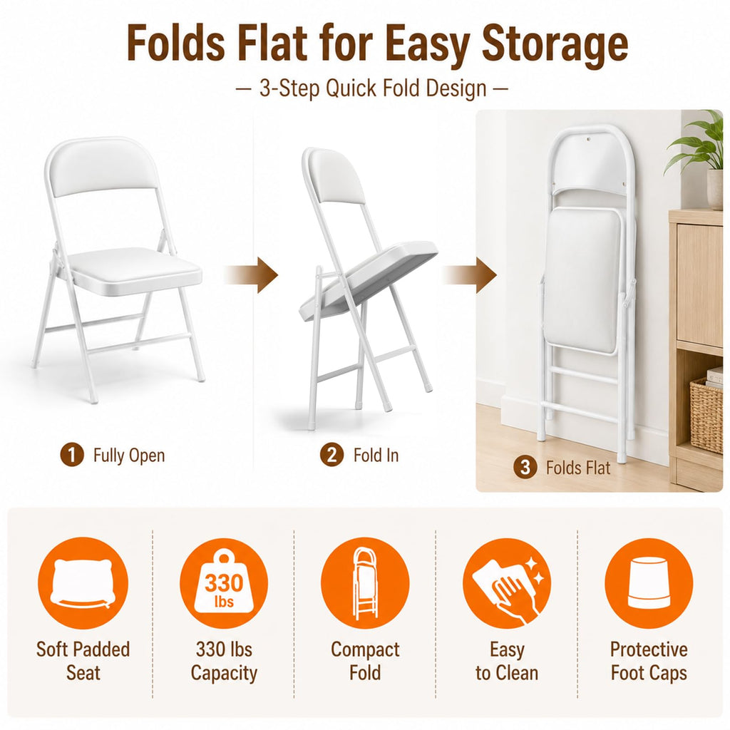 6 Pack PU Leather Folding Chair with Padded, White
