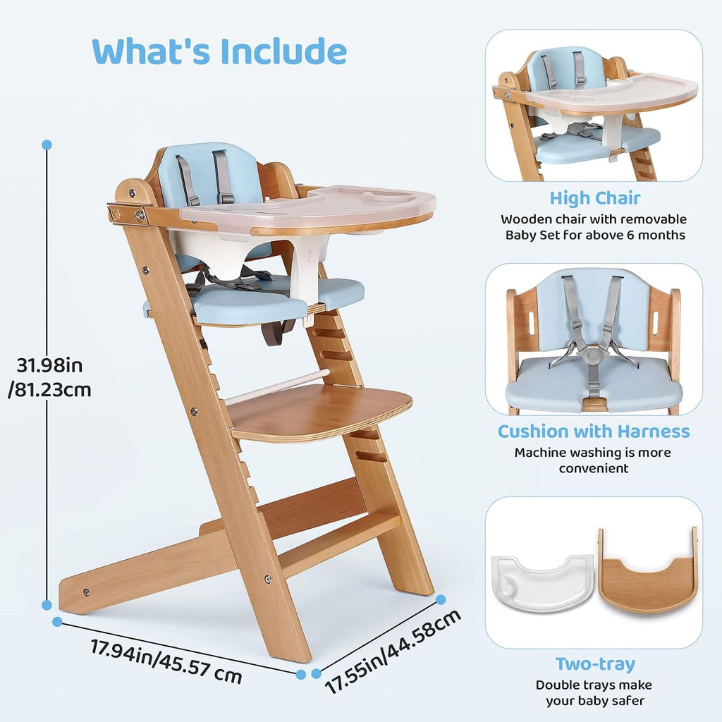 Natural Wooden Baby High Chair with Cushions & 3-Tier Remove Adjustable Tray Cushion, Easy to Clean & Natural Wooden