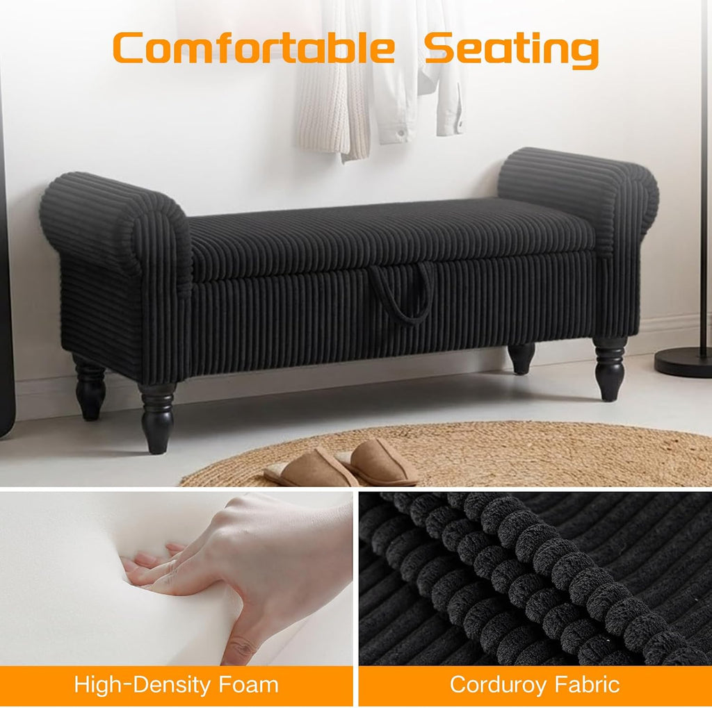 55" Storage Ottoman Bench, Corduroy End of Bed Bench , Black | Upholstered Entryway Bench with Seating, Solid Wood