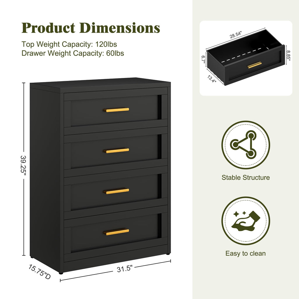 Black 4 Drawer Metal Dresser, Chest of Drawers for Closet, Bedroom Tall Dressers with Drawers, Metal Dressers &