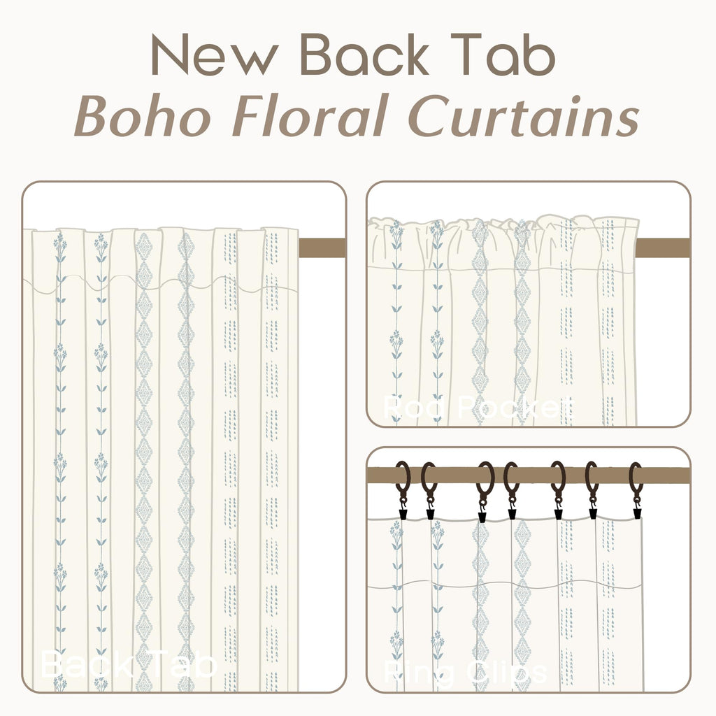 Light Blue Coastal Curtains Living Room Decor, Boho Cowgirl Floral Pattern Sheer Beach Farmhouse Linen Grandmillennial
