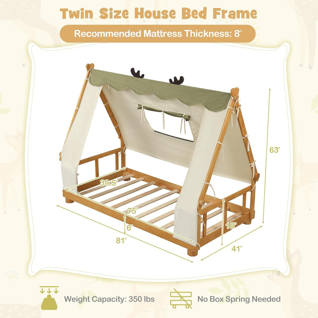 Twin Bed Frames for Kids, Wooden House Antlers-Shaped Floor Bed | Montessori Kids Bed w/Tent, Window, Fence Guard