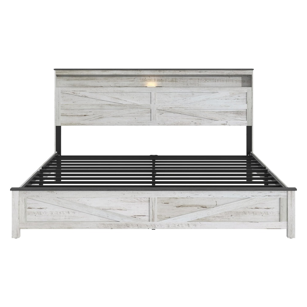 Farmhouse Wooden Bed Frame with Storage Headboard