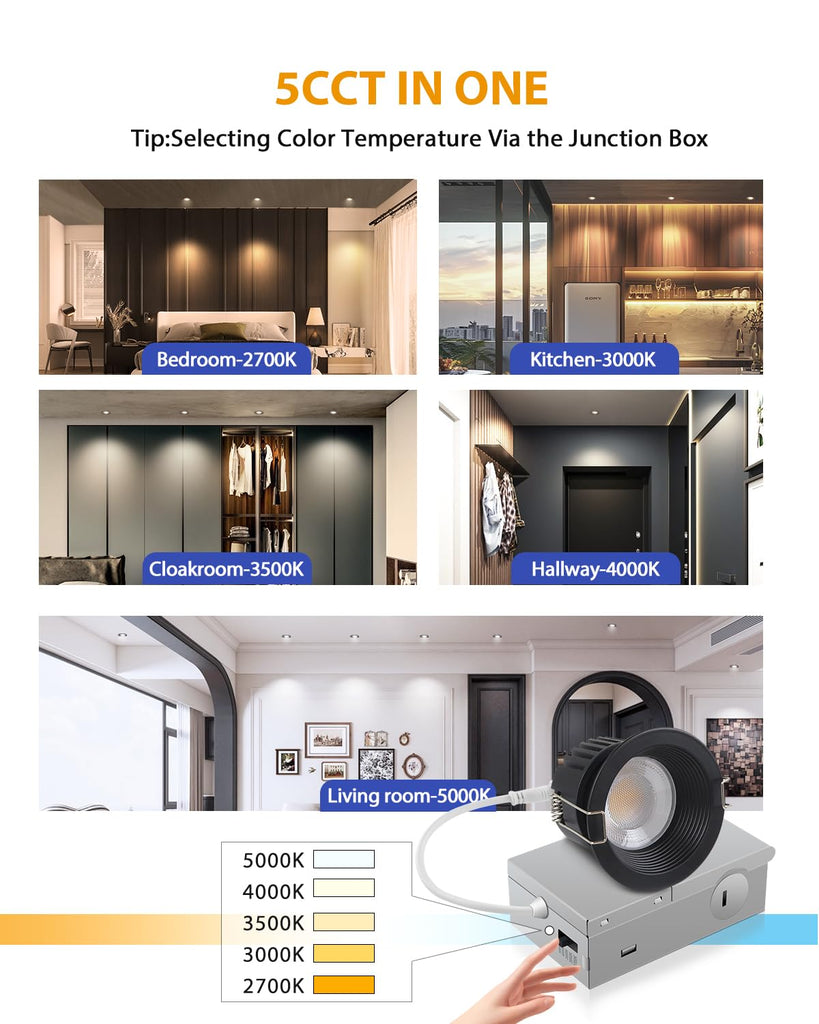 3 Inch Black 5CCT Anti-Glare LED Downlight, Recessed Light