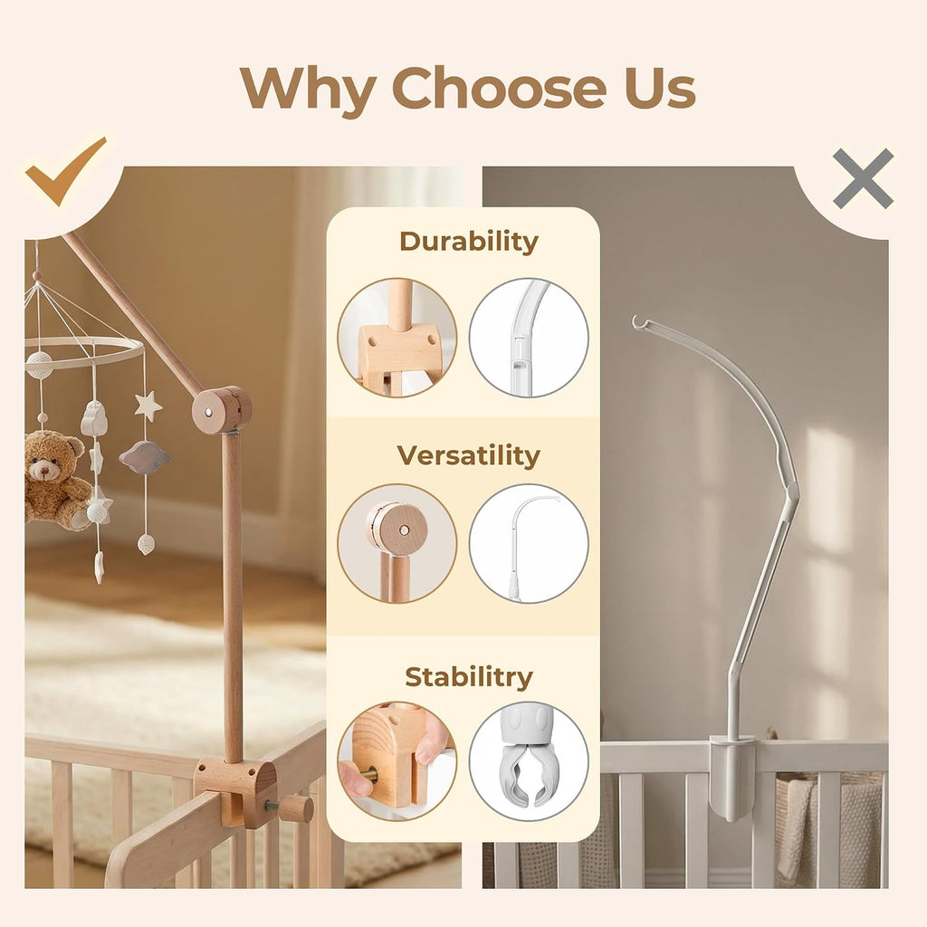 Baby Crib Mobile Arm - Wooden Baby Mobile Crib Holder Height Adjustable for Hanging Baby Crib Attachment Decor