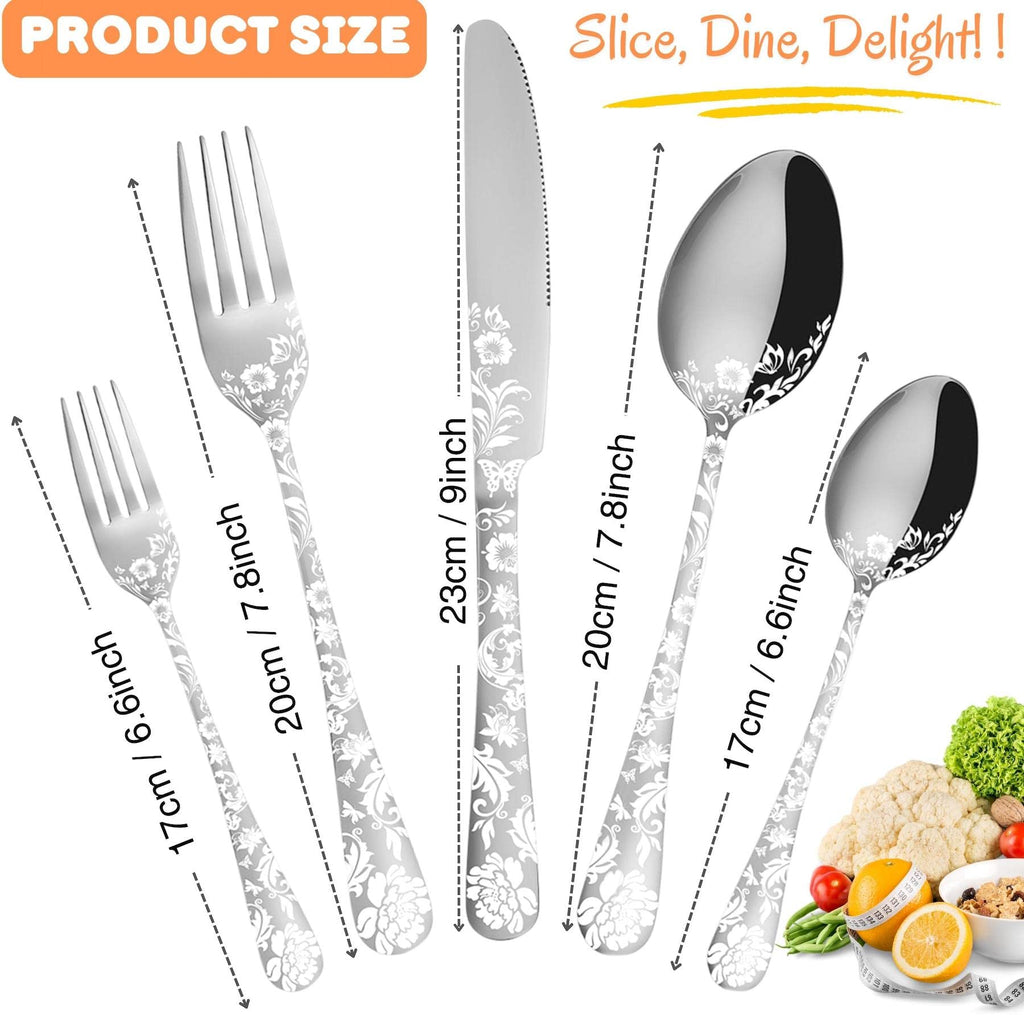 20 piece Peony Flower Pattern Design Silverware Set, Stainless Steel Flatware Set Service for 4, Silver Cutlery Set