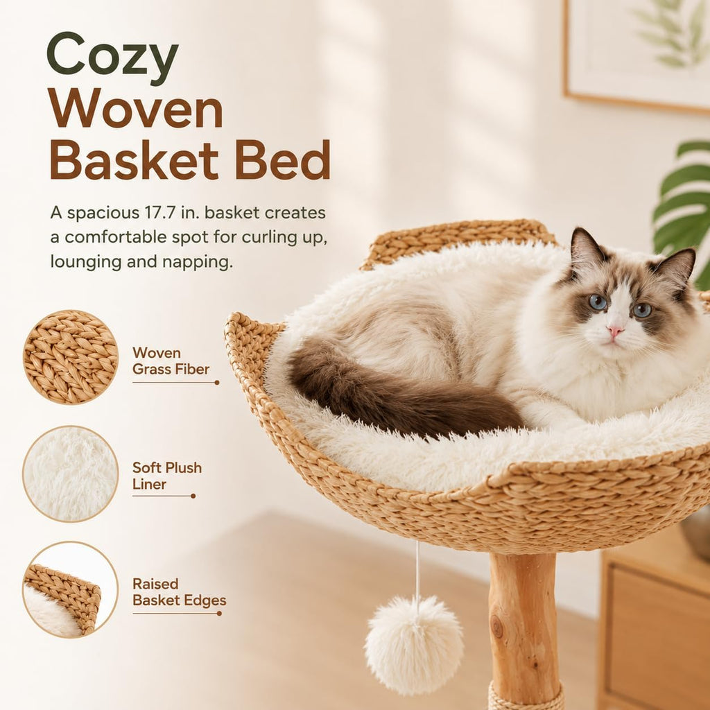 46.9-Inch Natural Wood Cat Tree with 2 Woven Baskets and Condo