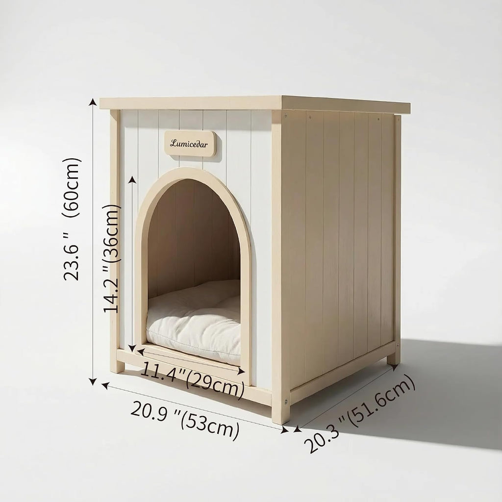 Indoor Wooden Dog House with Removable Cushion, Solid Cedar Pet House for Small Dogs & Cats, Furniture Side Table
