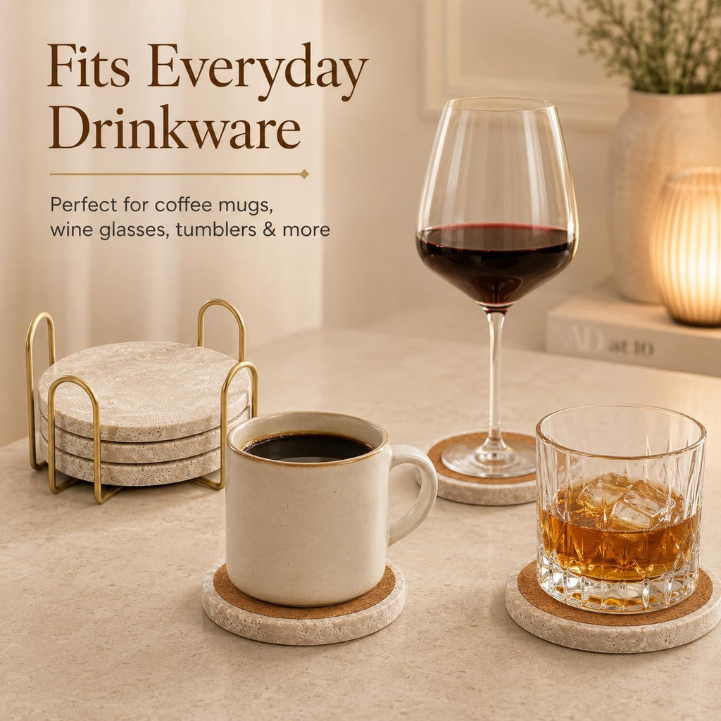 Travertine Coasters with Gold Holder Natural Stone, Cork Backing - Set of 4