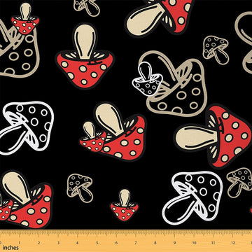 Cute Mushroom Botanica Mushrooms Pattern Upholstery Fabric, Kawaii Fungus Fabric for Chairs, 10 Yards, Red Black White