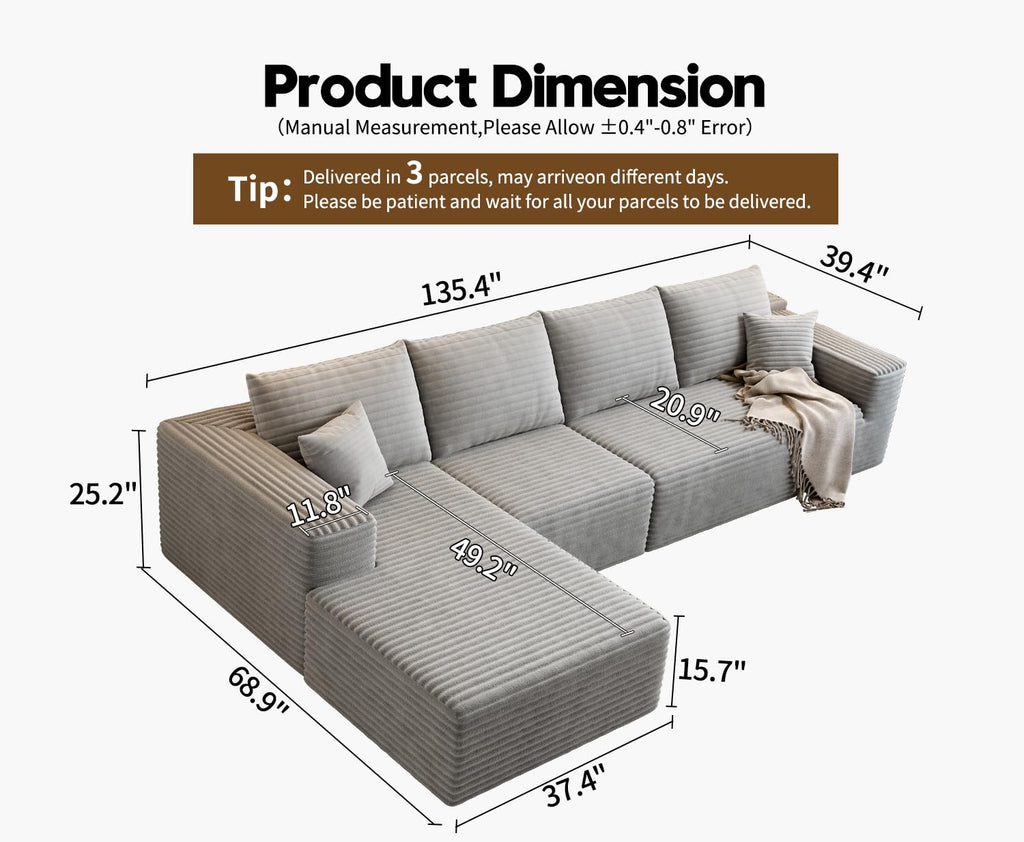 135.4" Cloud Modular Sectional Sofa Couch with L-Shape Chaise, Modern Minimalist Upholstered Couches Bedroom, Deep Seat