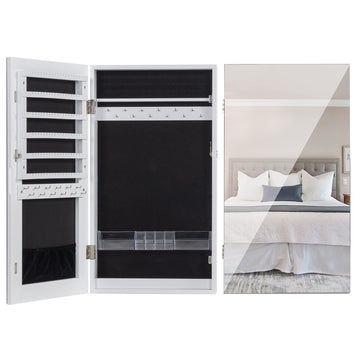 Lockable Jewelry Cabinet Armoire with Frameless Mirror - White