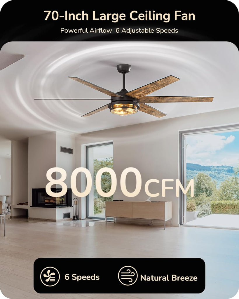 70" Large Farmhouse Ceiling Fans with Lights and Remote,10%-100% Dimmable, Wood Blades