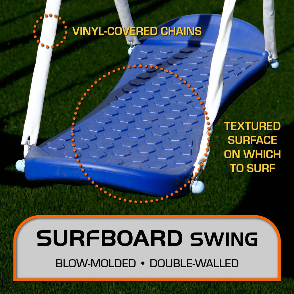 TSC Malibu Swing Set for Kids, Outdoor Metal Playset with 5ft Slide, 38" Saucer, Surfboard Swing, Standing &