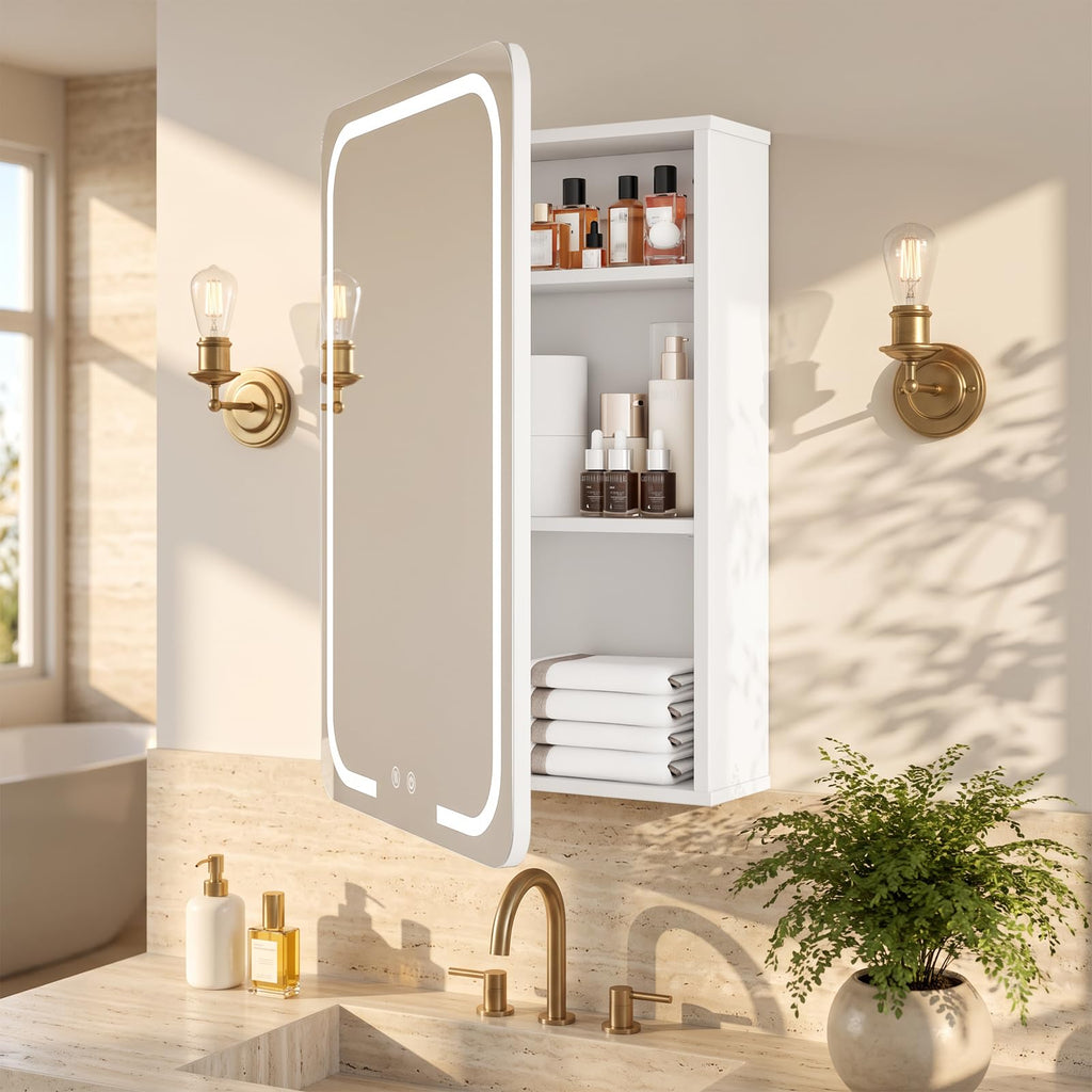 Lighted Medicine Mirror Cabinet with Heated Defog Function, White