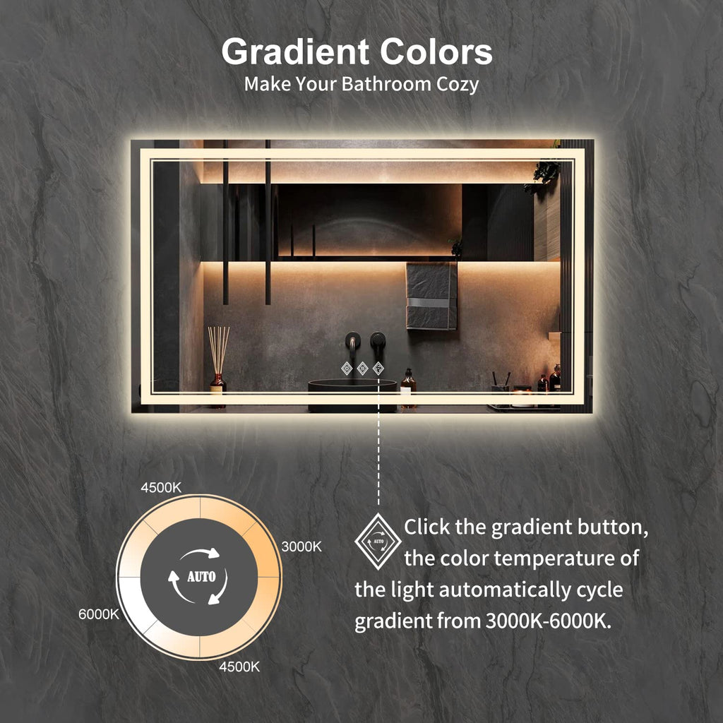 Lighted Vanity Mirror, 60x36 Inch Gradient Front and Backlit LED Mirror, 3 Colors Dimmable CRI>90 Double Lights