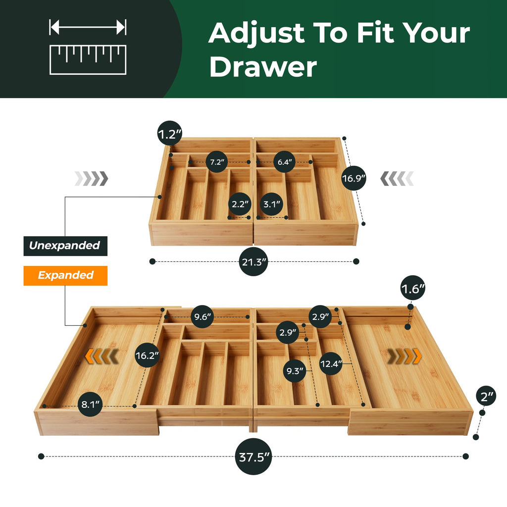 Large Silverware Organizer, 13 Slots Magnetic Connected Expandable Bamboo Utensil Drawer Organizer From 21 to 37.4