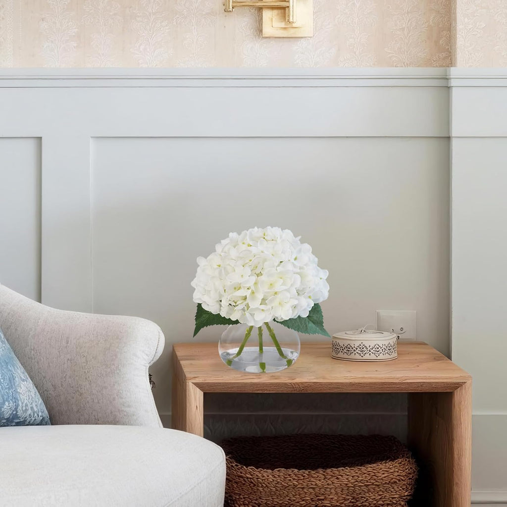 Hydrangea Artificial Flowers in Glass Vase, White Silk Fake Flowers Silk Centerpiece Table Decorations, Coffee Table