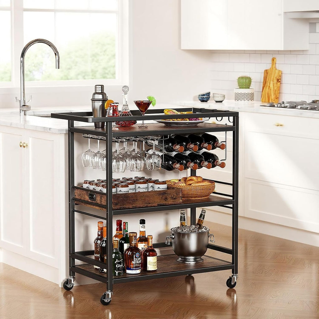 Bar Cart , 3 Tier Rolling Serving Carts with Wheels | Drink Cart, Liquor Stand with Removable Tray, Wine Rack and