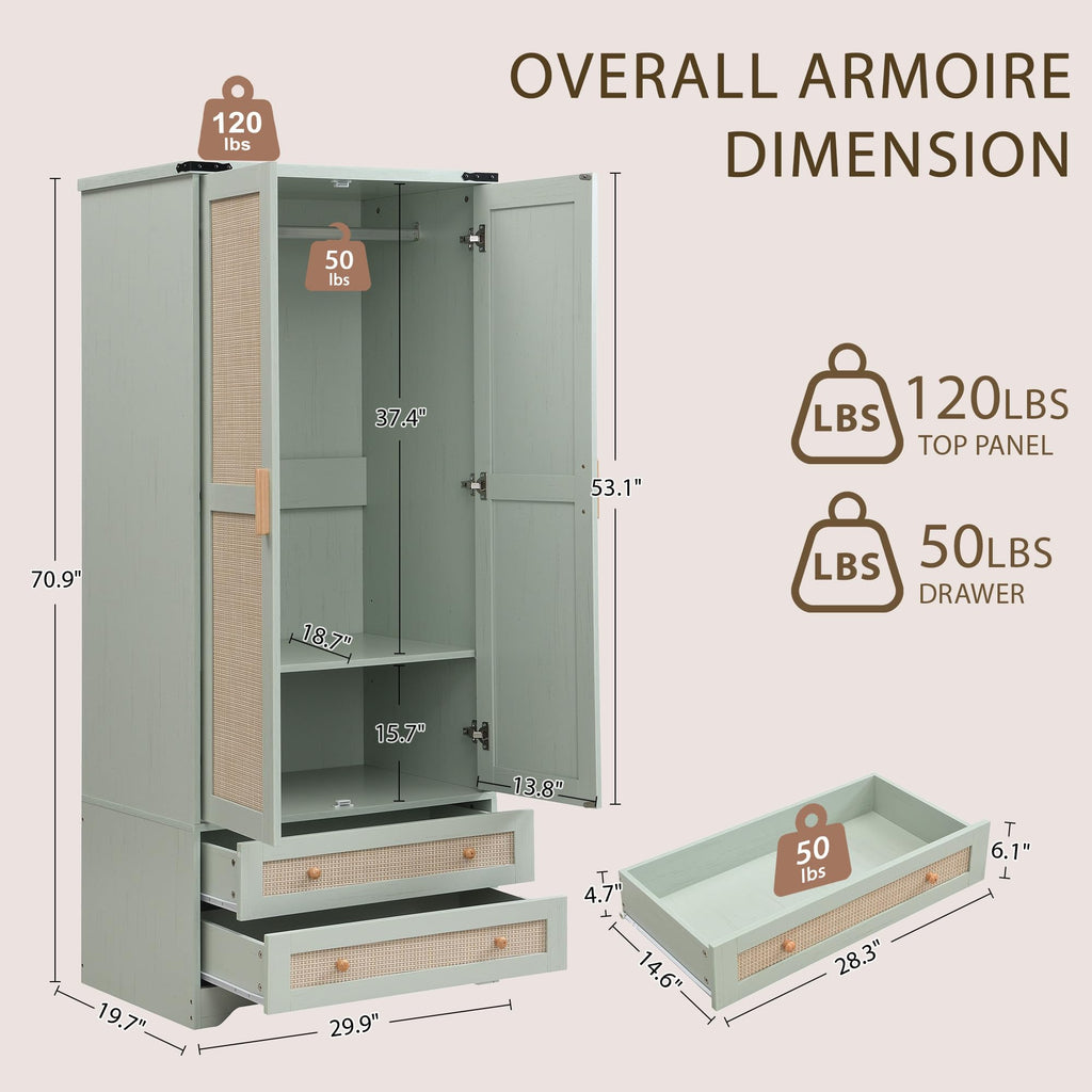 2 Doors Wooden Armoire Wardrobe Closet with 2 Drawers, Mint