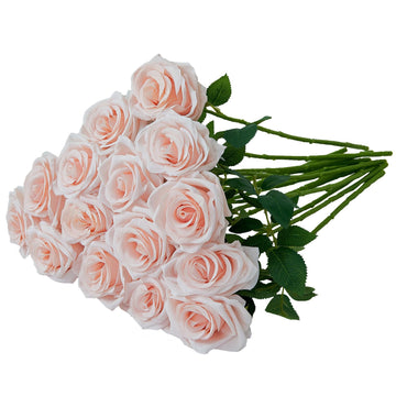 15pcs Blush Roses Artificial Flowers Silk Fake Flowers Realistic Pink Roses Bouquet Long Stemink for Wedding Home