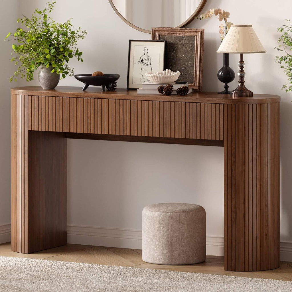 55 Inch Console Table with 2 Drawers, Entryway Tables with Storage,Walnut | Fluted Sofa Table Behind The Couch