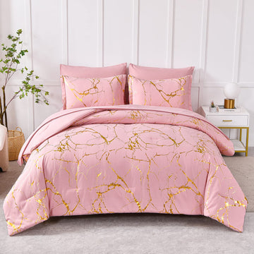 Gold Metallic Marble Comforter Set Queen Size, 7 Piece Bed in a Bag, Foil Print Glitter Pink Comforter and Sheet