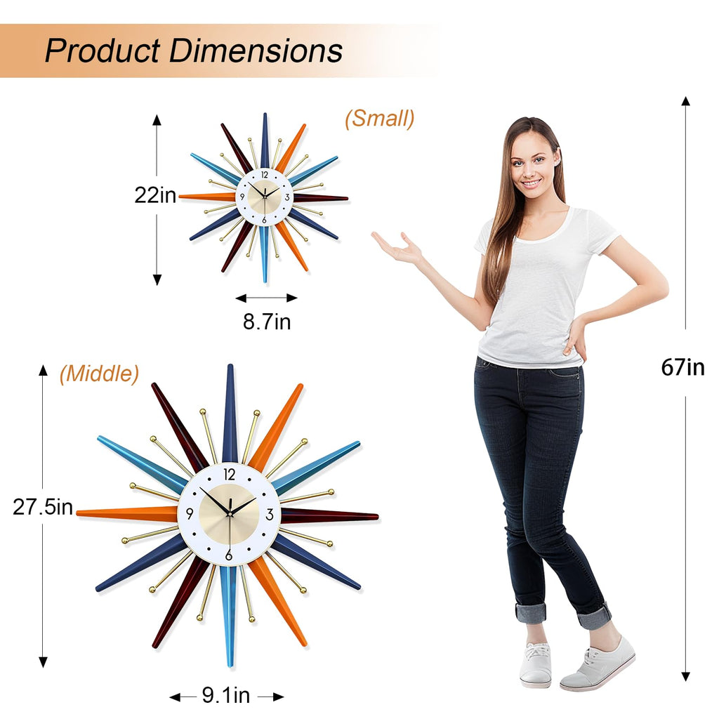 Large Wall Clock 22 Inch Modern Wall Clock Starburst Mid-Century Modern Decor Non-Ticking Battery Operated Colorful