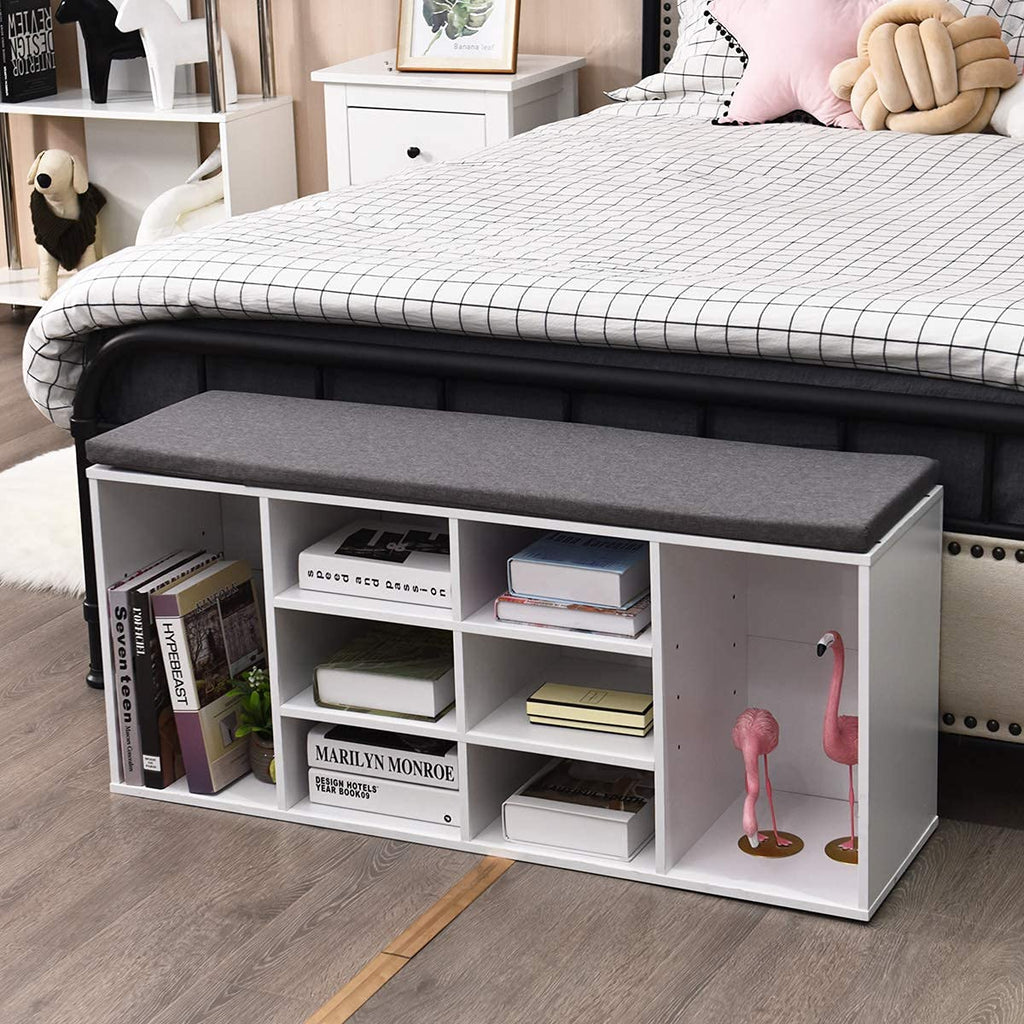 Shoe Storage Bench with Cushion, Entryway Shoe Rack Bench, Adjustable Shelves, 10-Cubbies Shoe Organizer Bench