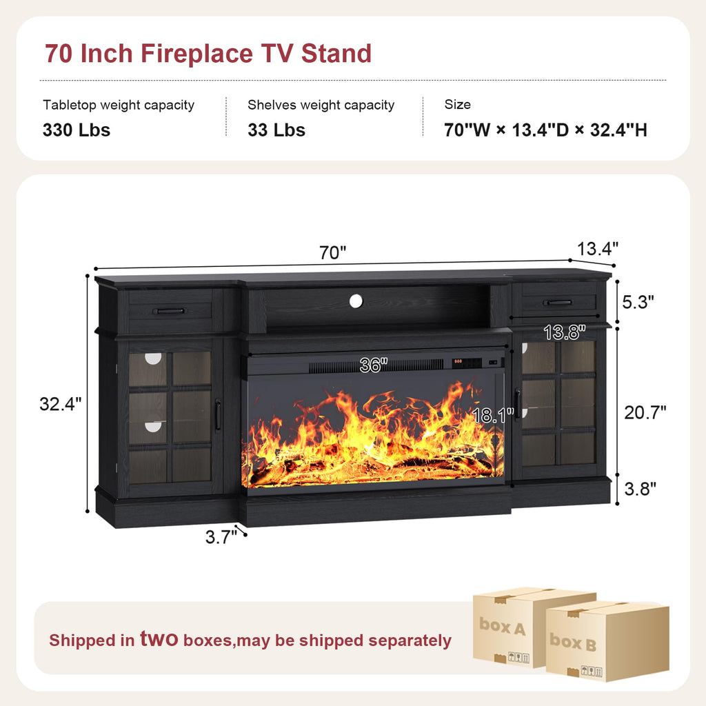 70" TV Stand with 36" Electric Fireplace, Entertainment Center Console Table for TV up to 80'', with Open Storage