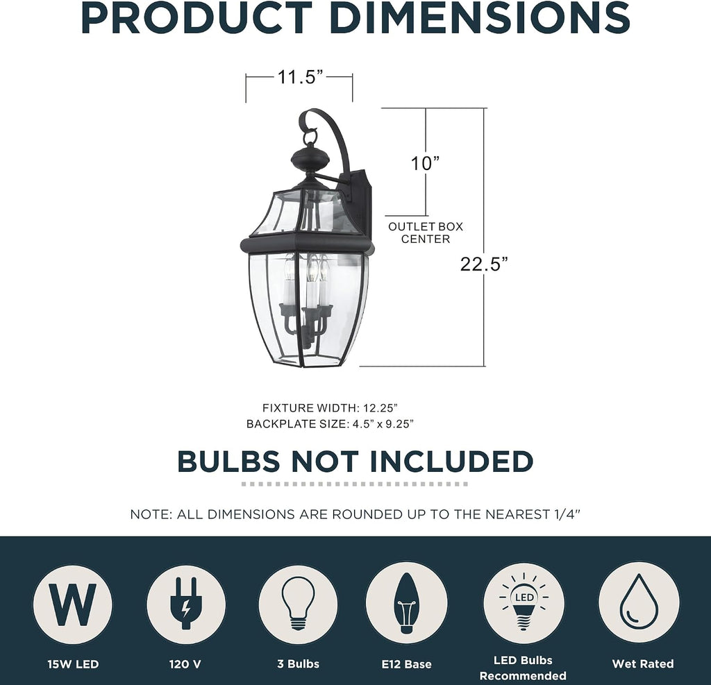Newbury 23 Inch Outdoor Wall Lantern, 3-Light with Clear Glass - Mystic Black