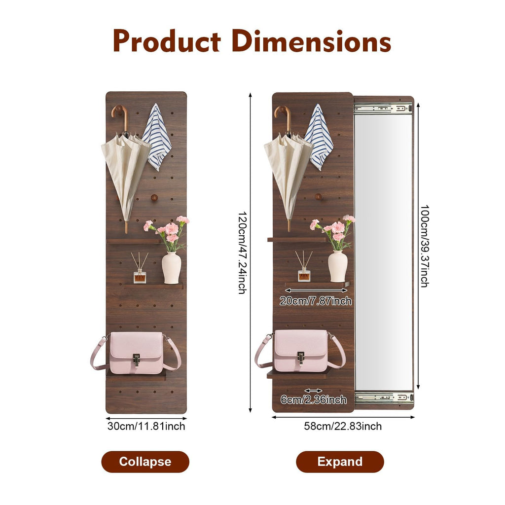 Full Length Mirror with Storage,Wall Mounted Mirror with Pegboard,Rotating Walnut Standing Entryway Mirror