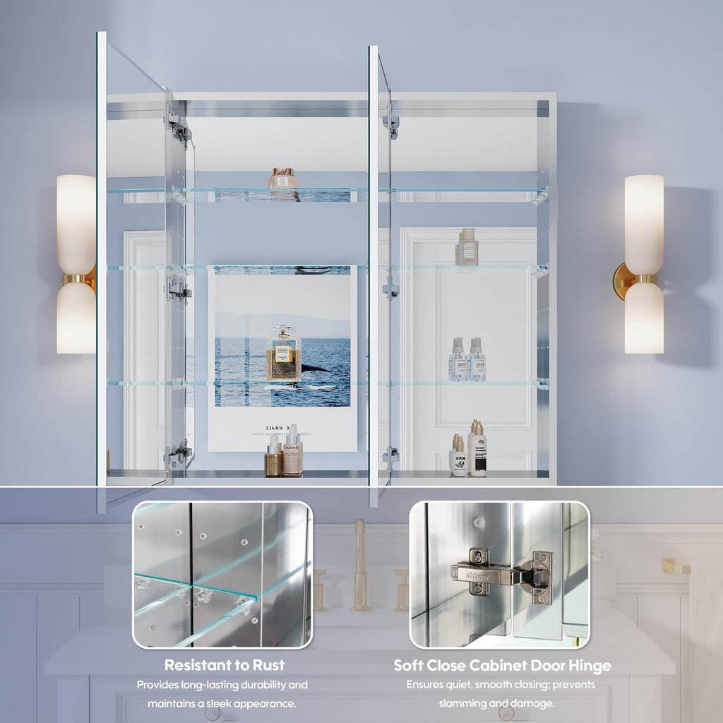36" x 36" Bathroom Medicine Cabinet with Mirror, Anodized Chrome Aluminum Frame, Surface Mount or Recessed Medicine